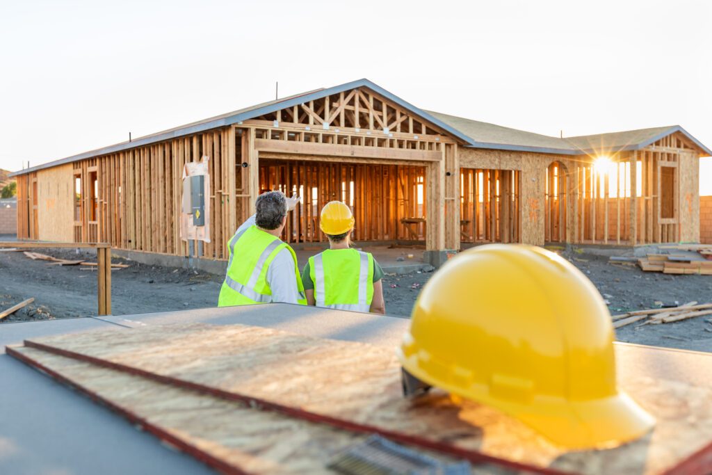 A construction manager helping onboard a new home sales consultant by giving them a tour of an unfinished home.