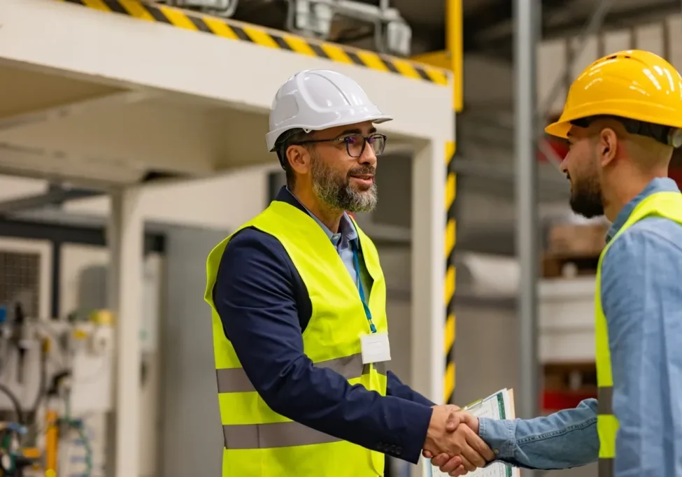 Sales Manager Meeting With Employee Sales manager meeting with a manufacturing employee on a factory floor