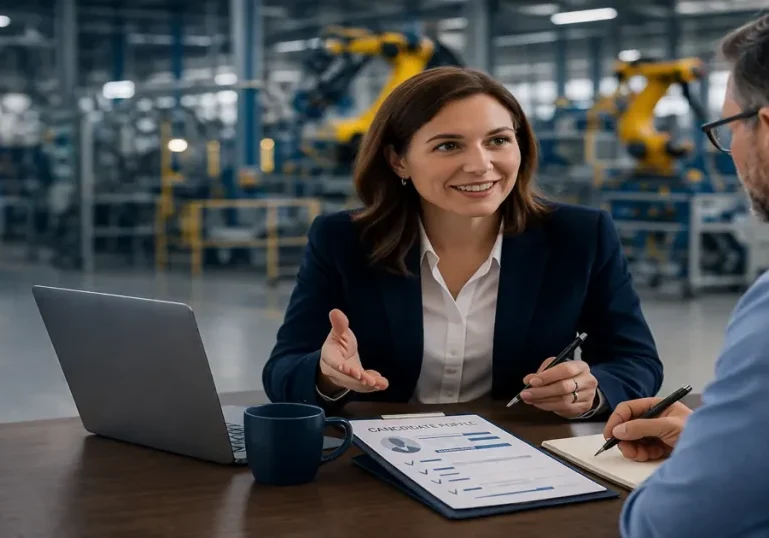 Two professionals discussing a candidate during a meeting inside a manufacturing facility