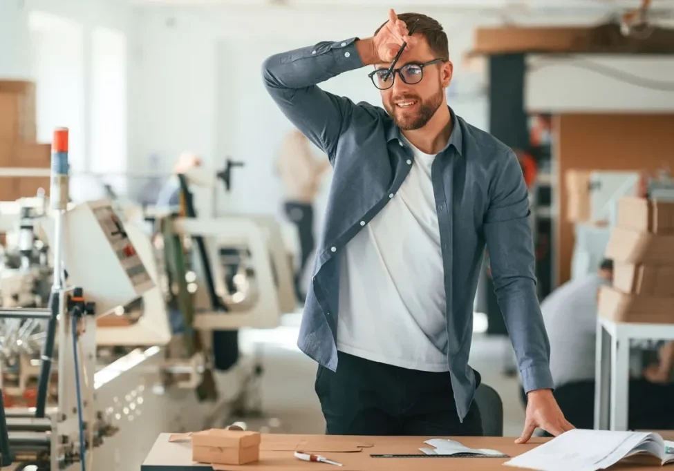 Manufacturing Owner Operator on Factory Floor Manufacturing business owner standing at desk on factory floor looking overwhelmed
