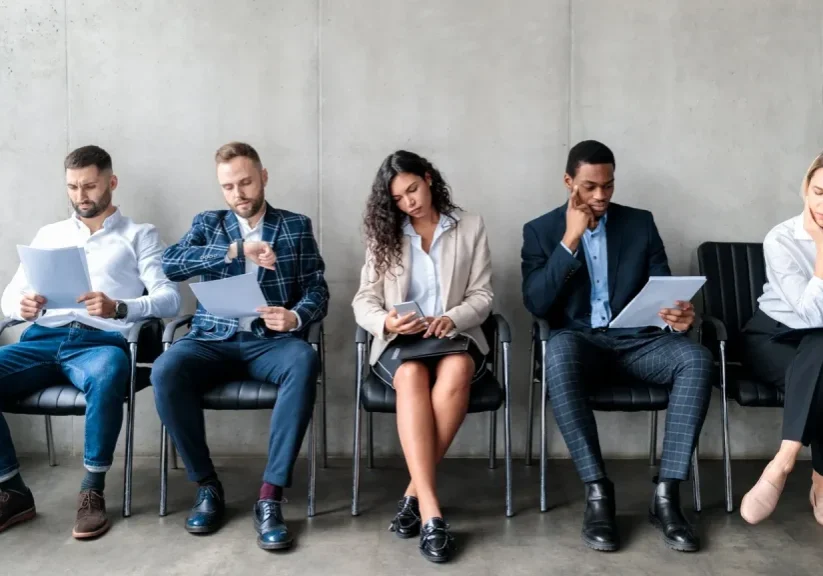 Five manufacturing sales candidates waiting to be interviewed, reviewing resumes and documents in a professional setting