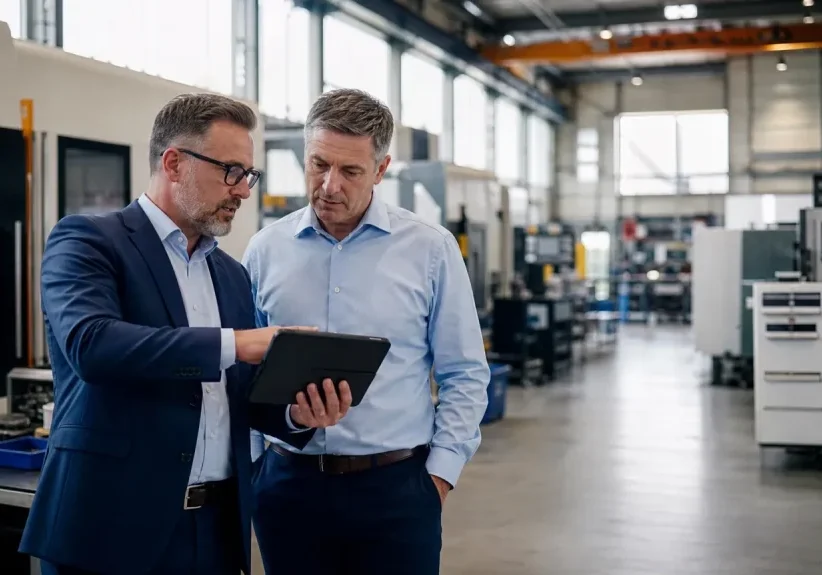 Matching a sales leader to a manufacturing company's growth stage Two manufacturing sales leaders reviewing performance data on a tablet on a plant floor with CNC machines in the background
