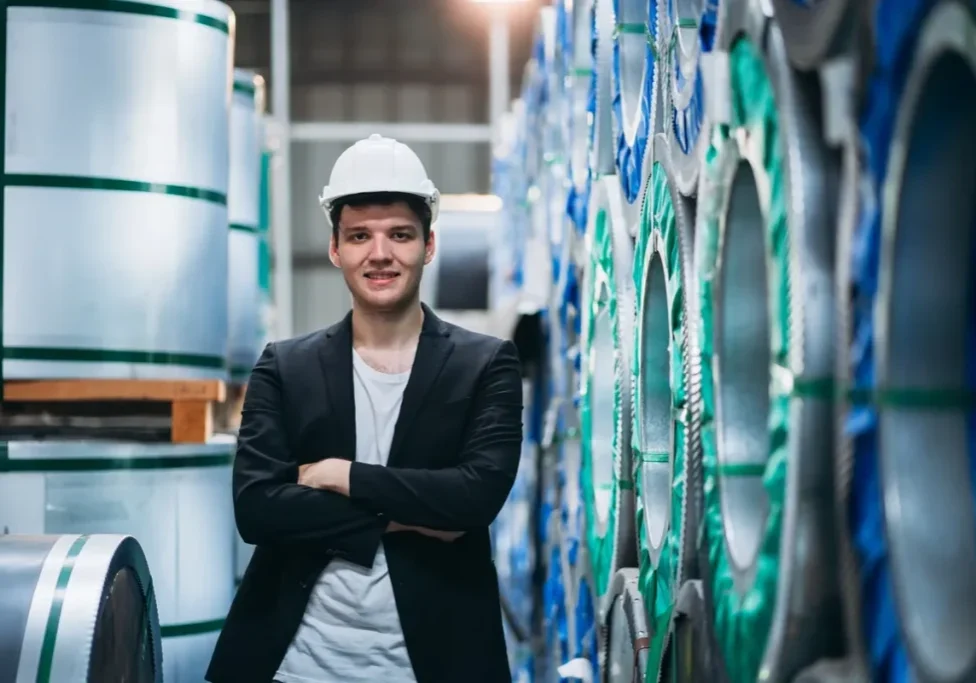 A sales professional in a hard hat and blazer standing among large steel coils in a manufacturing warehouse