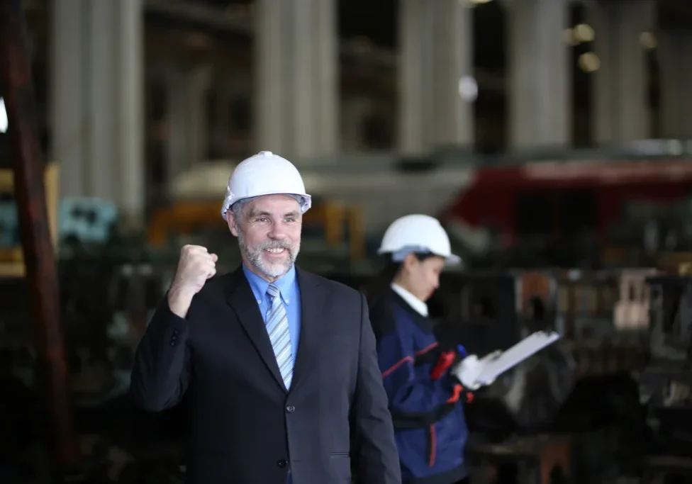 Senior manufacturing sales manager in a hard hat on a plant floor with a younger engineer behind him